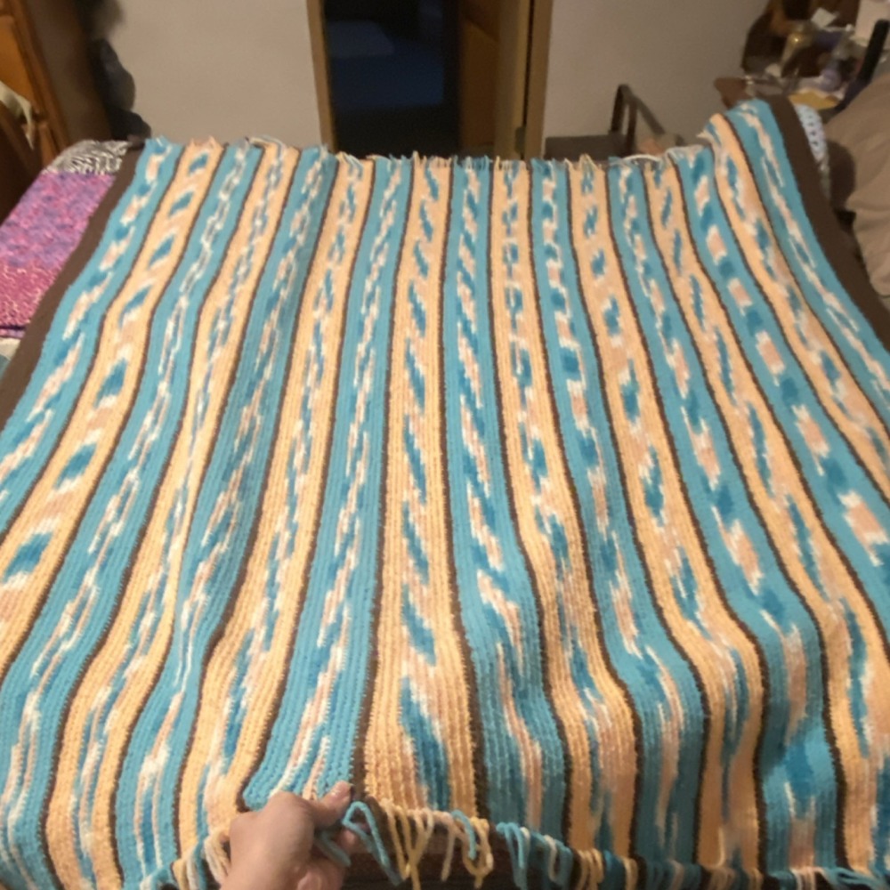 Handmade Mexican Woven Blue Beige Brown Striped Collectible afgan Blanket